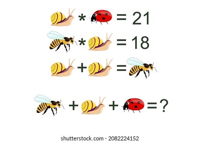 Math puzzle for kids. Logical game  with bugs for children, middle level, education game for kids, preschool worksheet activity,  Mathematical Addition Subtraction 