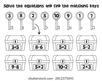 Math puzzle for kids - solve the equations and find matching keys for treasure chests. Fun educational worksheet for learning addition, subtraction, multiplication, and division. Coloring book