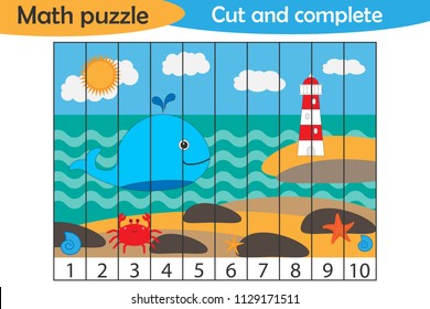 Math puzzle, sea life in cartoon style, education game for development of preschool children, use scissors, cut parts of the image and complete the picture, vector illustration
