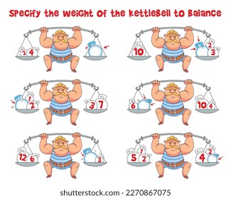 Math puzzle. Specify the weight of the kettlebell to balance. Educational game for children. Choose correct answer. Colorful cartoon characters. Funny vector illustration. Isolated white background