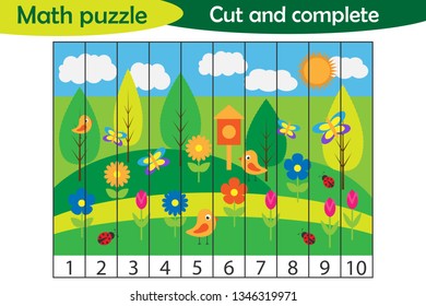 Math puzzle, spring picture in cartoon style, education game for development of preschool children, use scissors, cut parts of the image and complete the picture, vector illustration