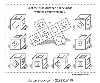 Math puzzle (suitable both for kids and adults): Spot the cubes that can not be made with the given template (or net) 1.
