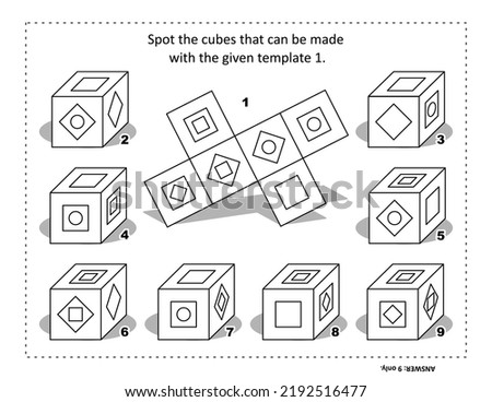 Math puzzle (suitable both for kids and adults): Spot the cubes that can be made with the given template (or net) 1.

