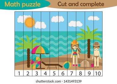 Math puzzle, summer beach in cartoon style, education game for development of preschool children, use scissors, cut parts of the image and complete the picture, vector illustration