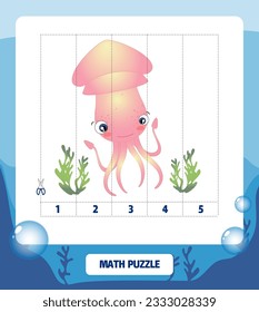 Math puzzle, use scissors, cut parts of the image and complete the picture. Squid, marine life collection.