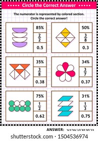 Math puzzle, worksheet or task cards for school children and adults. Circle the correct answer. Find the number equivalent for each pictorial, or visual, fraction representation. Answer included.