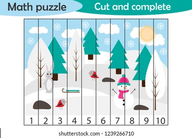Math puzzle, xmas picture with snowy forest in cartoon style, education game for development of preschool children, use scissors, cut parts of the image and complete the picture, vector