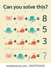 Acertijo matemático para niños y adultos. Ecuaciones de imagen, divertida hoja de cálculo matemática de imagen. Formato vectorial