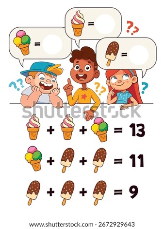 Math riddle for kids: solve ice-cream equations and complete the sums. Fun, colorful worksheet with cartoon children. Perfect for early learning, classroom use, or homeschool.
