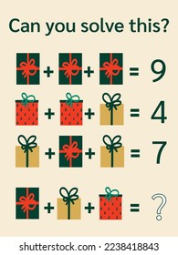 Math riddle. rebus for children and adults. find the answer. learning task, picture system of equations, Brain Teasers, christmas math, xmas math for kids, vector easy to recolor