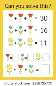 Math riddle, vector format. Find the answer, picture equations. Brain teaser, logic task