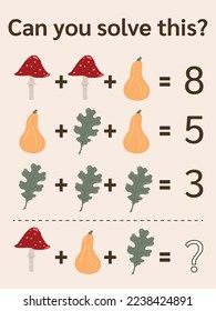 Math riddle, vector format. Rebus for children and adults. find the answer. learning task, picture system of equations, Brain Teasers with gnomes, fall, autumn math, xmas math for kids