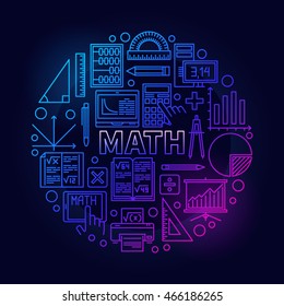 Math round bright symbol. Vector colorful mathematics school subject bright sign in thin line style on dark background