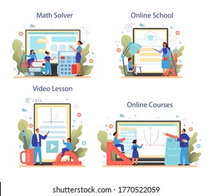 Math school online service or platform set. Learning mathematics, idea of education and knowledge. Online math solver, course, video lesson, school. Isolated flat vector illustration