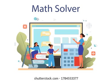 Servicio o plataforma en línea de la escuela de matemáticas. Aprender matemáticas, idea de educación y conocimiento. Solucionador de matemáticas en línea. Ilustración vectorial plana aislada