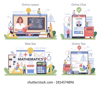 Math School Online Service Or Platform Set. Learning Mathematics, Idea Of Education And Knowledge. Online Lesson, Chat With Professor, Website, Test. Isolated Flat Vector Illustration