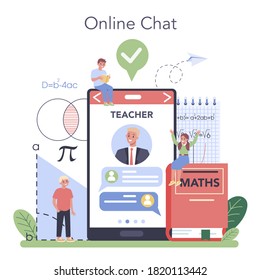 Math school online service or platform. Learning mathematics, idea of education and knowledge. Online chat with professor. Isolated flat vector illustration