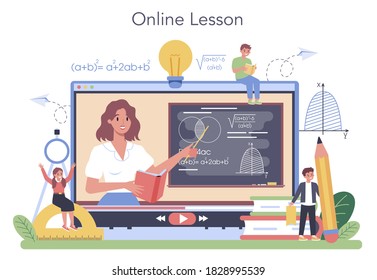 Math school online service or platform. Learning mathematics, idea of education and knowledge. Online lesson. Isolated flat vector illustration