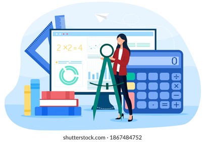 Math school online service or platform. Learning mathematics, education and knowledge abstract concept. Online math solver. Cartoon flat vector illustration with fictional character