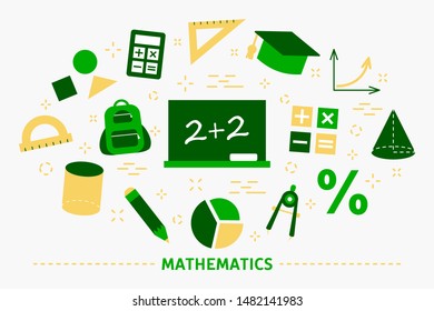 Math school subject. Learning mathematics, idea of education and knowledge. Set of colorful icons. Isolated flat vector illustration