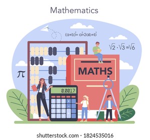 Math school subject. Learning mathematics, idea of education and knowledge. Science, technology, engineering, mathematics education. Isolated flat vector illustration