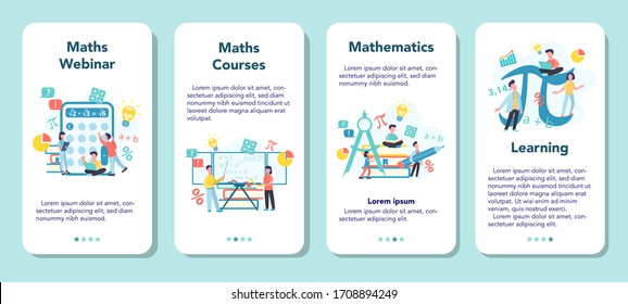 Math school subject mobile application banner set. Learning mathematics, idea of education and knowledge. Science, technology, engineering, mathematics education. Isolated flat vector illustration