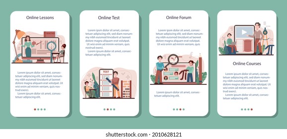 Math school subject mobile application banner set. Students studying mathematics, geometry, mathematical analysis and algebra. Science, technology, engineering education. Flat vector illustration