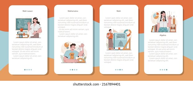 Math school subject mobile application banner set. Students studying mathematics and algebra. Science, technology, engineering education. Idea of modern academic knowledge. Flat vector illustration