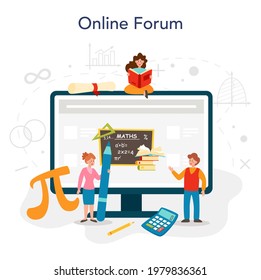 Math school subject online service or platform. Learning mathematics, geometry and algebra. Abstract task with calculation. Online forum. Flat vector illustration