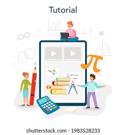 Math school subject online service or platform. Learning mathematics, geometry and algebra. Abstract task with calculation. Online tutorial. Flat vector illustration