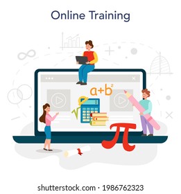 Math school subject online service or platform. Learning mathematics, geometry and algebra. Abstract task with calculation. Online training. Flat vector illustration