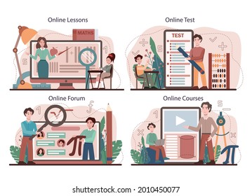 Math school subject online service or platform set. Students studying mathematics, geometry, mathematical analysis and algebra. Online lesson, test, forum, course. Flat vector illustration