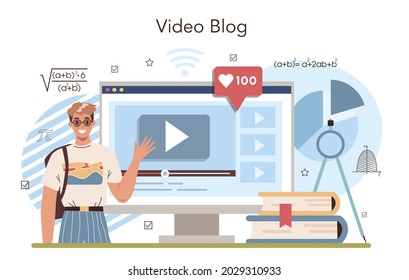 Math school subject online service or platform. Students studying mathematics and algebra. Science and engineering education. Video blog. Flat vector illustration