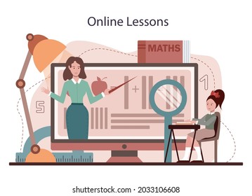 Math school subject online service or platform. Students studying mathematics, geometry, mathematical analysis and algebra. Online lesson. Flat vector illustration