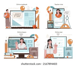 Math school subject online service or platform set. Students studying mathematics and algebra. Science, technology, engineering education. Online test, lesson, textbook, chat. Flat vector illustration