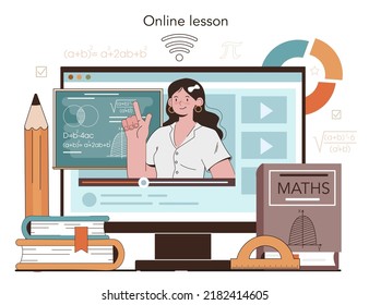 Math school subject online service or platform. Students studying mathematics and algebra. Science, technology, engineering education. Online lesson. Flat vector illustration