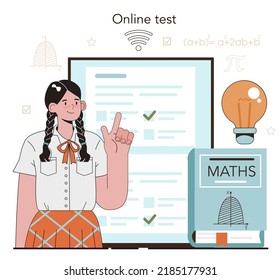 Math school subject online service or platform. Students studying mathematics and algebra. Science, technology, engineering education. Online test. Flat vector illustration