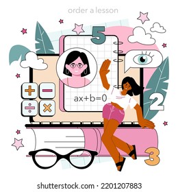 Math school subject online service or platform. Students studying arithmetics, algebra and geometry. Idea of modern academic knowledge. Online education. Flat vector illustration