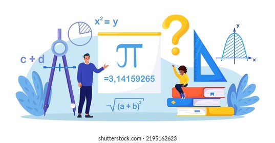 Math school subject. Pupil studying mathematics in classroom. Teacher pointing at chalkboard, teaching kids. Children learn maths, arithmetics, algebra and geometry. Education, knowledge