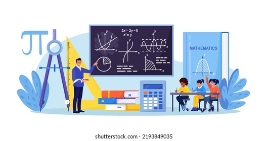 Math school subject. Pupils studying mathematics in classroom. Teacher pointing at chalkboard, teaching kids. Children at desks learn maths, arithmetics, algebra and geometry. Education, knowledge