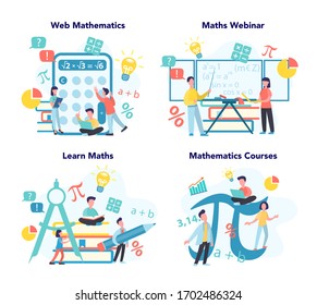 Math school subject set. Learning mathematics, idea of education and knowledge. Science, technology, engineering, mathematics education. Isolated flat vector illustration