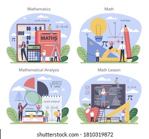 Math school subject set. Learning mathematics, idea of education and knowledge. Science, technology, engineering, mathematics education. Isolated flat vector illustration