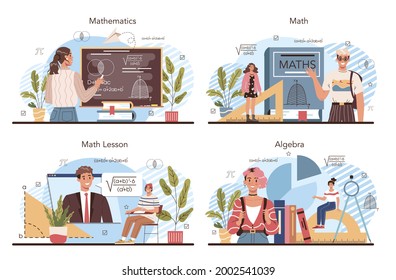 Mathe-Schulfach eingestellt. Schüler, die Mathematik und Algebra studieren. Wissenschaft, Technologie, Ingenieurausbildung. Idee des modernen akademischen Wissens. Einzelne flache Vektorgrafik