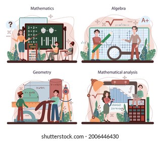 Mathe-Schulfach eingestellt. Studenten, die Mathematik, Geometrie, mathematische Analyse und Algebra studieren. Wissenschaft, Technologie, Ingenieurausbildung. Flache Vektorgrafik