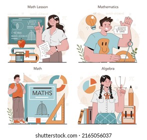 Math school subject set. Students studying mathematics and algebra. Science, technology, engineering education. Idea of modern academic knowledge. Flat vector illustration