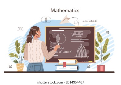 Math school subject. Students studying mathematics and algebra. Science, technology, engineering education. Idea of modern academic knowledge. Isolated flat vector illustration