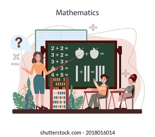 Math school subject. Students studying mathematics. Science, technology, engineering education. Idea of modern academic knowledge. Flat vector illustration