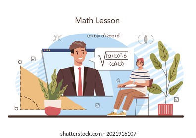 Math school subject. Students studying mathematics and algebra. Science, technology, engineering education. Idea of modern academic knowledge. Isolated flat vector illustration