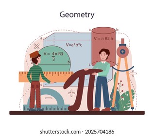 Math school subject. Students studying geometry. Science, technology, engineering education. Idea of modern academic knowledge. Flat vector illustration