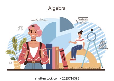 Math school subject. Students studying mathematics and algebra. Science, technology, engineering education. Idea of modern academic knowledge. Isolated flat vector illustration